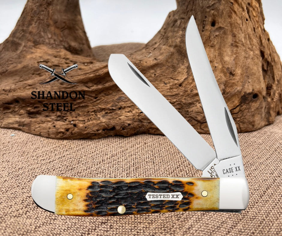CASE XX Rogers Jigged Burnt Amber Bone CS Mini Trapper 51391