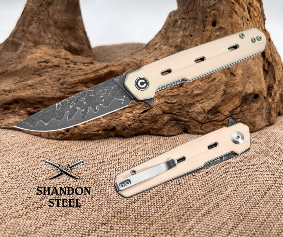 CIVIVI Navo Flipper Knife Ivory G10 Handle (3.25" Damascus Blade) C25015A-DS1