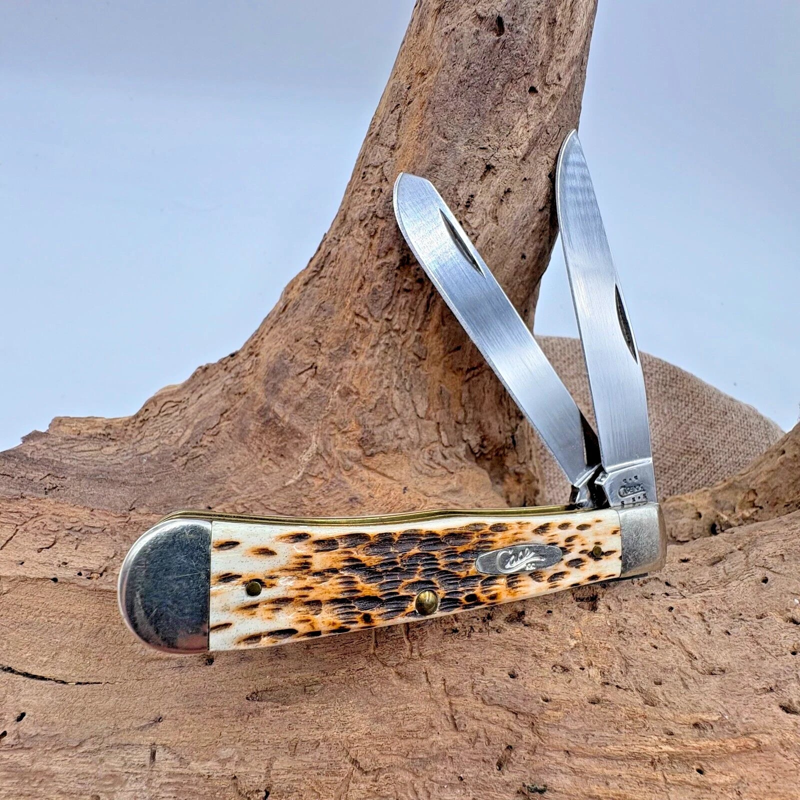 Case XX Trapper 6254 SS Folding Pocket Knife W/Amber Jigged Bone 2003 2 blade 98