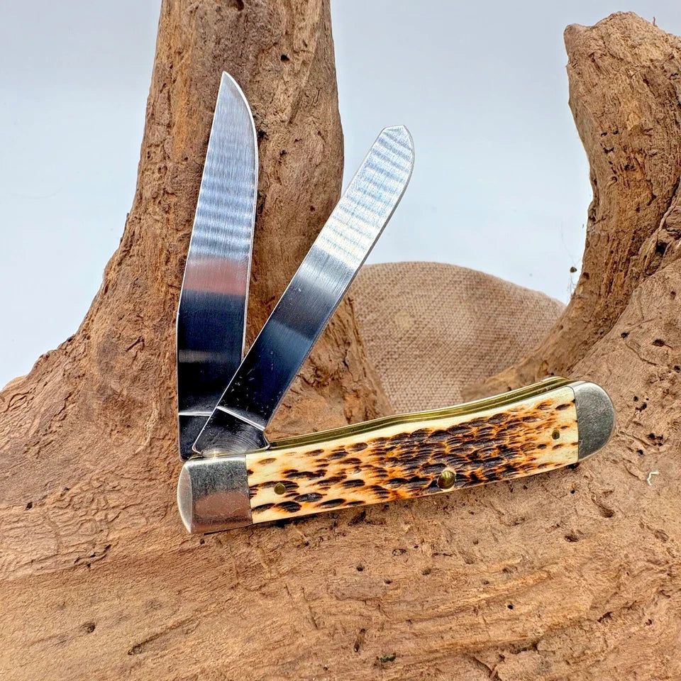 Case XX Trapper 6254 SS Folding Pocket Knife W/Amber Jigged Bone 2003 2 blade 98