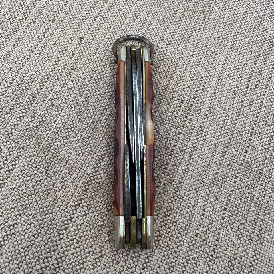 Vintage KaBar 1152 USA 4 Blade Camp Pocket Knife Jigged Delrin Handles (86)