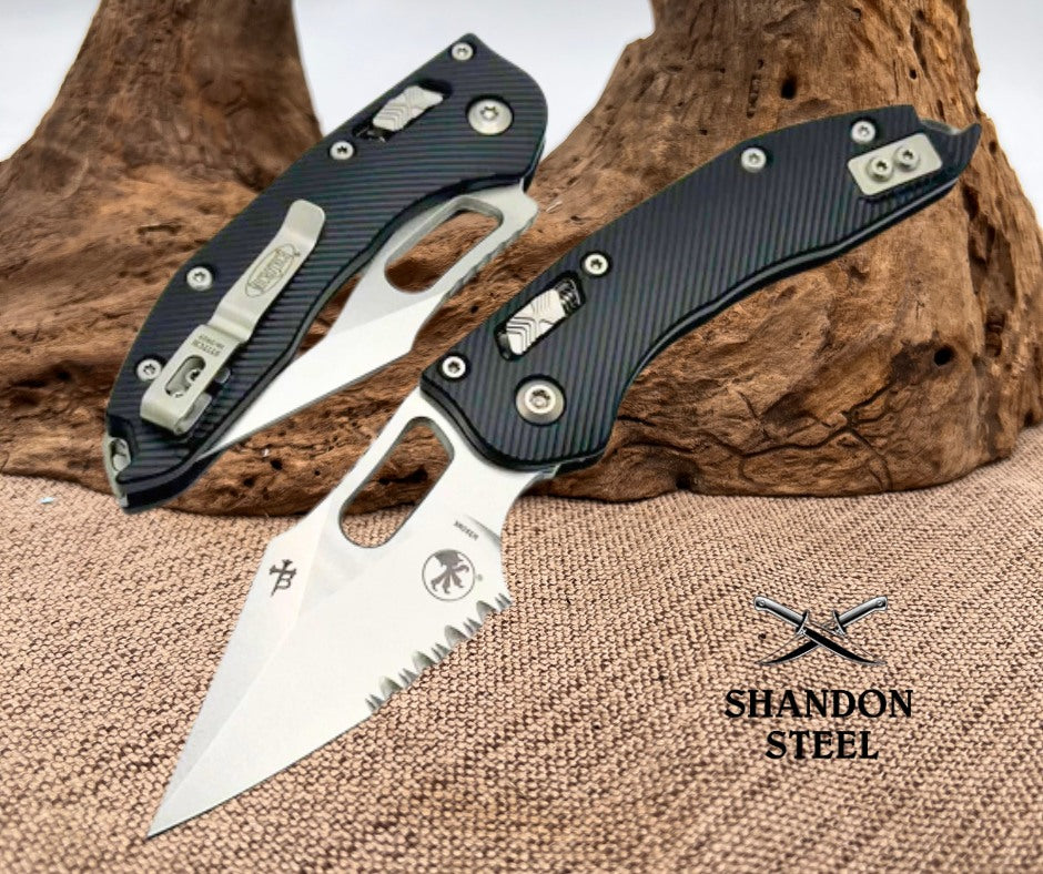 Microtech Knives Manual Stitch RAM LOK Fluted Black Aluminum & Partial Serrated M390MK 169RL-11FL