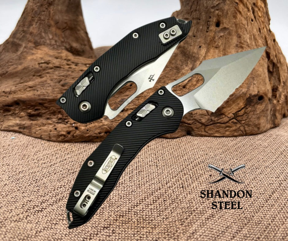 Microtech Knives Manual Stitch RAM LOK Fluted Black Aluminum & Partial Serrated M390MK 169RL-11FL