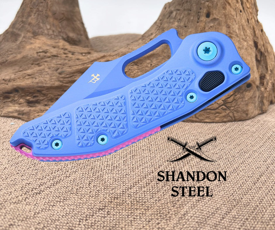 Microtech/Borka Blades 169-3SIS Signature Series AUTO Stitch Folding Knife 3.625" Sky Blue Cerakote Spear Point Serrated Blade and Machined Aluminum Handles