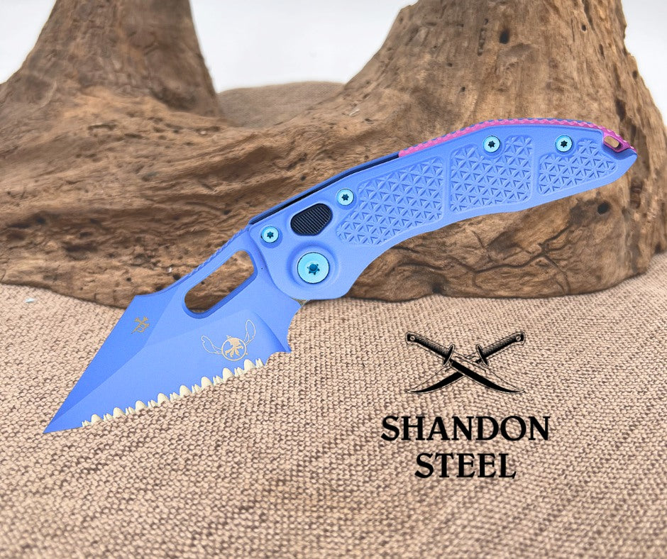Microtech/Borka Blades 169-3SIS Signature Series AUTO Stitch Folding Knife 3.625" Sky Blue Cerakote Spear Point Serrated Blade and Machined Aluminum Handles