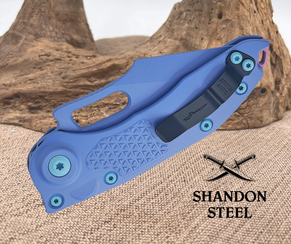 Microtech/Borka Blades 169-3SIS Signature Series AUTO Stitch Folding Knife 3.625" Sky Blue Cerakote Spear Point Serrated Blade and Machined Aluminum Handles