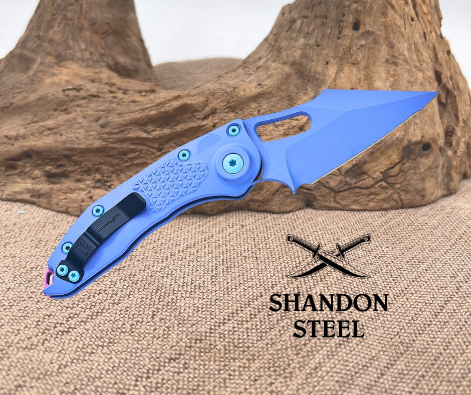 Microtech/Borka Blades 169-3SIS Signature Series AUTO Stitch Folding Knife 3.625" Sky Blue Cerakote Spear Point Serrated Blade and Machined Aluminum Handles