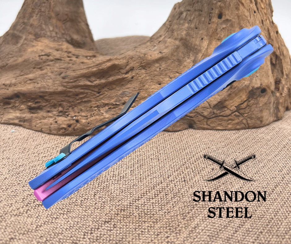 Microtech/Borka Blades 169-3SIS Signature Series AUTO Stitch Folding Knife 3.625" Sky Blue Cerakote Spear Point Serrated Blade and Machined Aluminum Handles