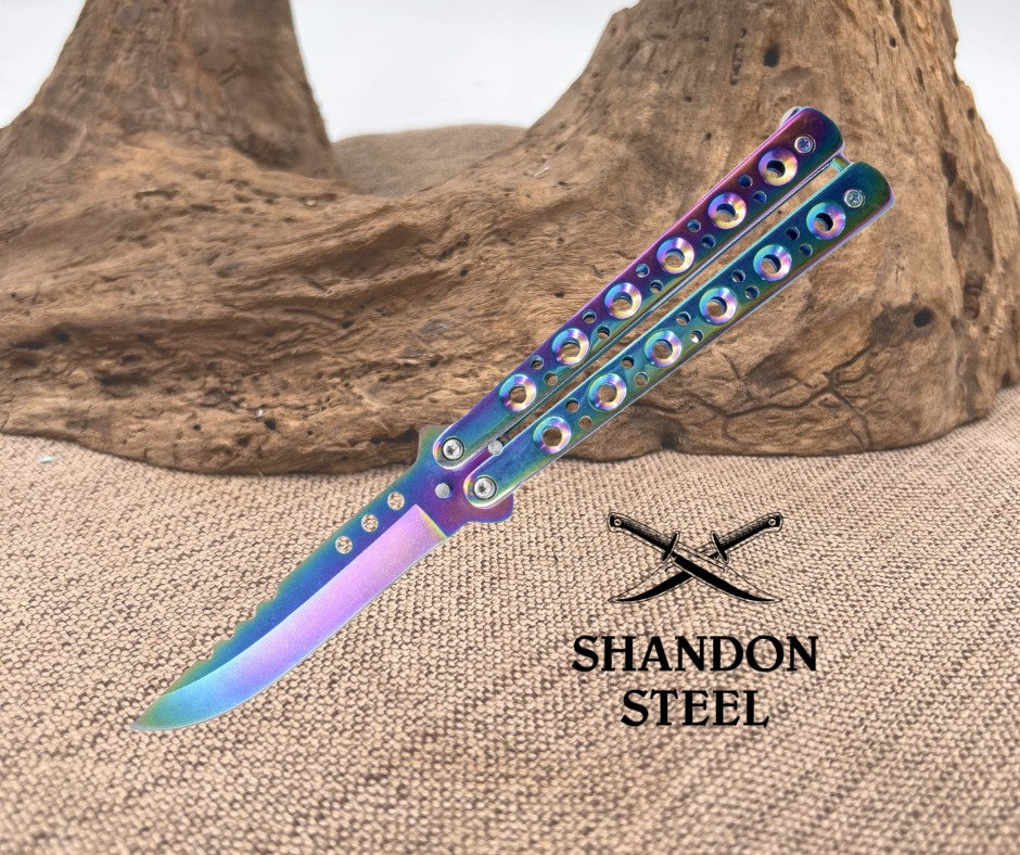 Colorful knife with 'Shandon Steel' branding on a textured surface