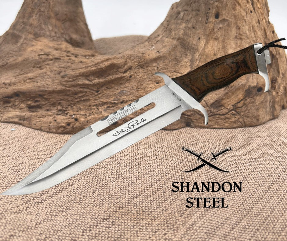 Knife with wooden handle on a textured surface, Primemartshop logo visible