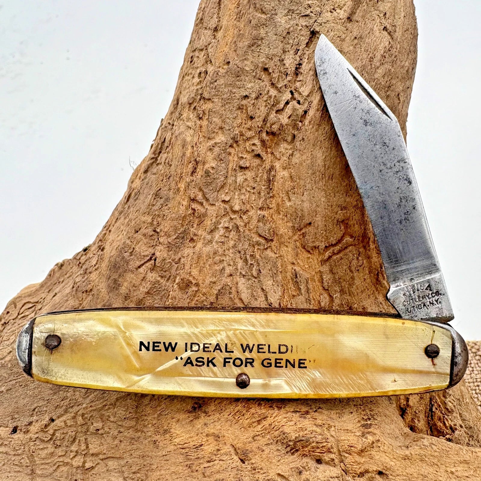 Utica Cutlery Vintage Pearlized Handle Advertising Single Blade Pocket Knife -89