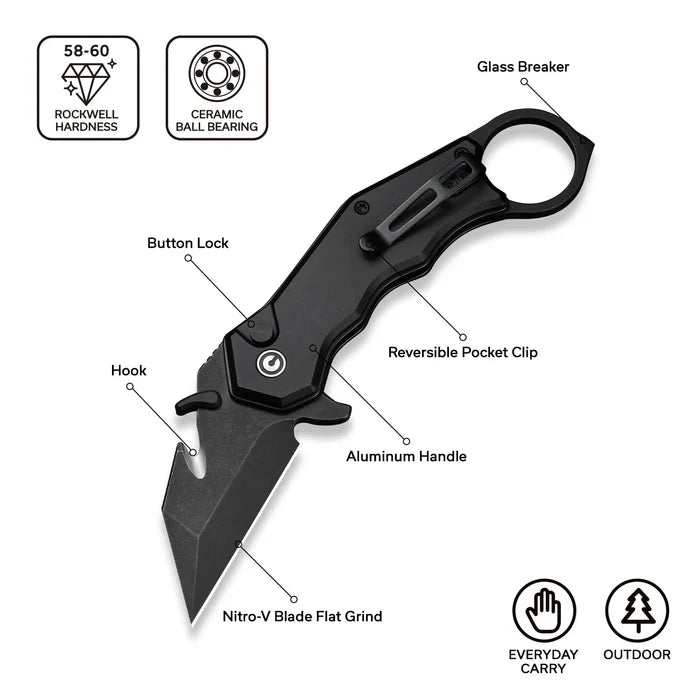 CIVIVI Amaroq Flipper & Thumb Stud & Button Lock Knife Black Aluminum Handle (2.11" Black Stonewashed Nitro-V Blade) C24018-2