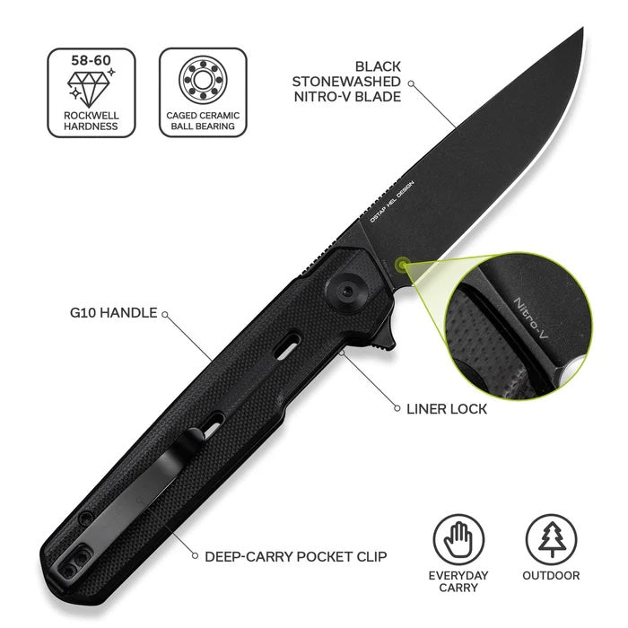 CIVIVI Navo Flipper Knife Black G10 Handle (3.25" Black Stonewashed Nitro-V Blade) C25015A-1
